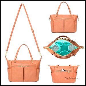 Leather Mini Diaper Tote Crossbody Bag with 13 Pockets Insulated Compartments